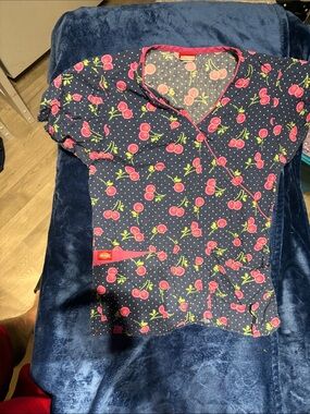 Dickies Navy Cherry Print Short Sleeve Scrub Top